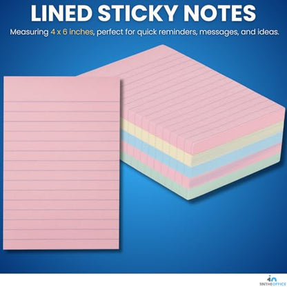 1InTheOffice Lined Sticky Notes 4x6, Sticky Note Pads Assorted Pastel Color Large Sticky Notes 4" x 6" 100 Sheets - 5/Pack