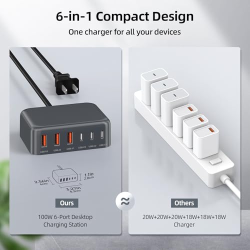 100W 6 in 1 USB Charger, 50% Smaller Charging Station for Multiple Devices - color: F-Grey