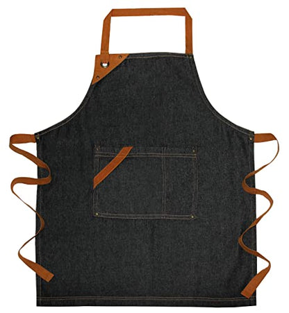 100% Cotton Denim Kitchen Apron with Pocket and Adjustable Neck with Long Ties Apron 25" X 31" for Women Men Chef Cooking, Baking, Gardening, Black
