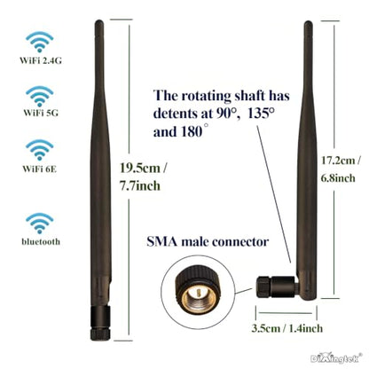 WiFi 6E Tri-Band 2.4GHz 5GHz 6GHz SMA Male Antenna, Compatible with WiFi Router Motherboard Camera PCI-E Network Card USB Adapter Security Camera Video 2-Pack 19.5cm Peak WiFi Antennas