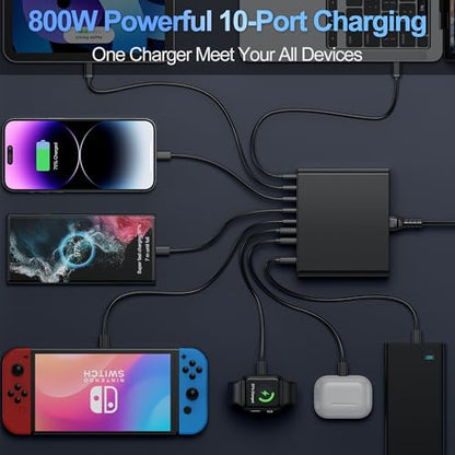 800W USB C Charger Block,10-Port GaN Charging Station - color: Black