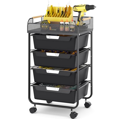 SYKIARIOL 4-Drawer Rolling Storage Cart with Mesh Top,Black - color: Black