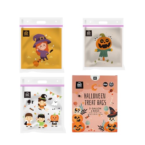 6 Large Halloween Plastic Storage Bags, 3 Gallons, Zero BPA, Double Layer Carry Handle, 15"x15"x7" - size: 3 GALLONS HALLOWEEN PRINT