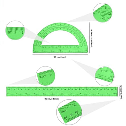 2 Packs 12 Inch Clear Ruler and 6 Inch Protractor Set,Green - color: Green