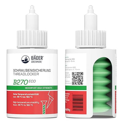 threadlocker B270Eco high Strength reen 50ml Bottle - high Temperature Resistant, Fluorescent - Works on All Metals and Threads - Quality Made in Germany