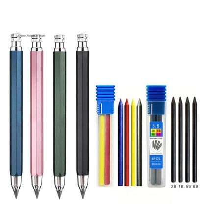 5.6mm Lead Holder Mechanical Pencils, 4 Pack Metal Clutch Pencils with Colored & Graphite Refills, Ideal for Artists, Architects & Draftsmen