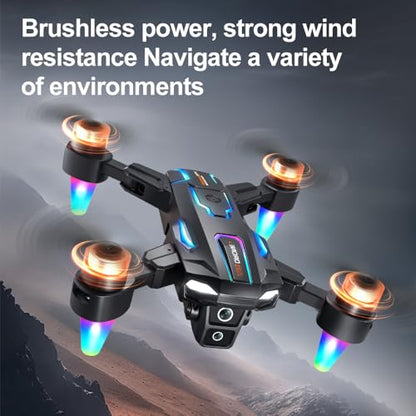 Foldable Drone with 8K ESC Dual Camera, Built‑in Screen Remote Controller, Brushless Motor, 4‑Way Obstacle Avoidance, Optical Flow Hover, 90° Adjustable Lens, RGB Night Lights Quadcopter for Adults Beginners