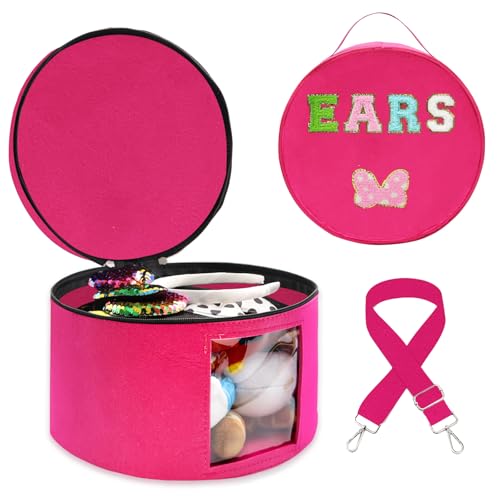 Chenille Letter Bow Mouse Ears Travel Case, Large Round Tote Storage Box - color: Rosy Red