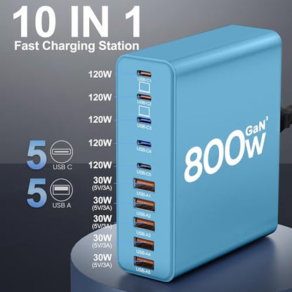 800W USB C Charger Block,10-Port Charging Station - color: Blue