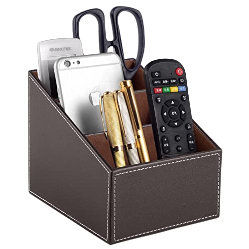 TV Remote Control Organizer/Caddy with 3 Compartments,PU Leather Remote Holder Bedside Table Top, Storage Box, Mobile Phone and Media Accessory Storage,Desk Organizers(brown) - color: brown