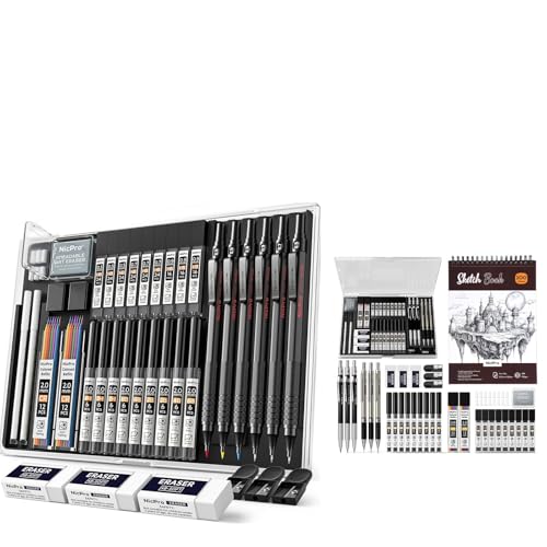 Nicpro Art Drawing Supplies Kit with 35PCS Black Metal Mechanical Pencils Set in Case