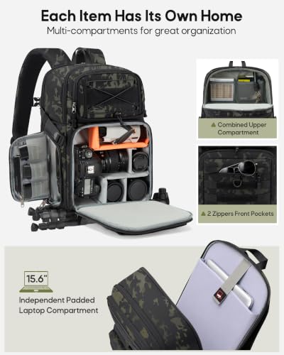 RAINSMORE Camera Backpack, DSLR/SLR/Mirrorless Tactical Camera Bag Cases - color: Camouflage Green