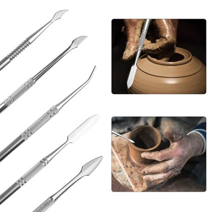 TOVOT 10PCS Stainless Steel Clay Sculpting Tools Metal Sculpting Tools Double-Side Clay Modeling Tools Wax Carving Tools (Silver) - color: Silver