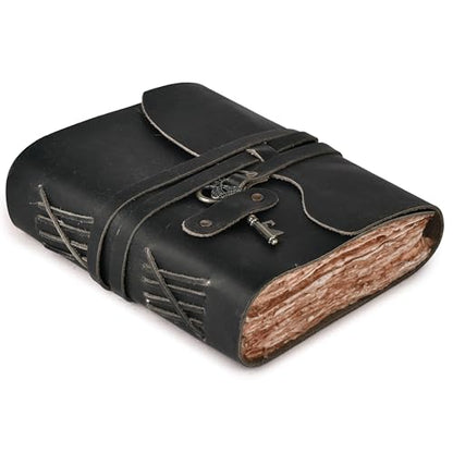 LEATHER VILLAGE Leatherbound Notebook Journal Key Lock, Black 8x6. - color: Starless Black, size: 8"X6"