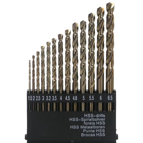 Metric Cobalt Drill Bits Set 1.5-6.5mm 13PCS, M35 high speed steel, high hardness straight shank drill, mechanical or hand drill for drilling, suitable for stainless steel, iron, copper and aluminum. - size: 1.5-6.5 mm (13 Count)