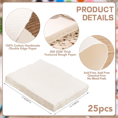 25 Sheets Watercolor Paper 5 x 7 in, 300 GSM Deckled Edge Handmade Paper - size: 5 x 7 inch