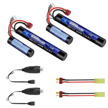 Airsoft Battery 3300mAh High Capacity 11.1V Nunchuck RC Battery with Dean-Style T Plug & Mini Tamiya Cable 3S Butterfly Stick Airsoft Li-Ion Fit for aeG AK47 M4 MP5 and Most Airsoft Gun Rifle
