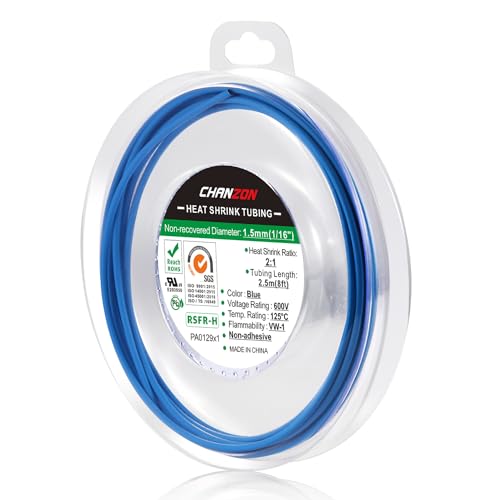 Chanzon 2:1 Ratio 1/16" (1.5mm) Heat Shrink Tubing 8Ft Roll Blue - color: Blue, size: 1.5mm (1/16") - 8FT