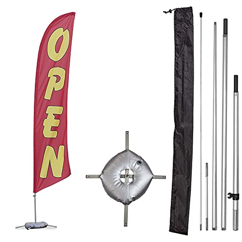 Vispronet Premium Open Feather Flag Kit - Includes 13ft Sectional Aviation Grade Fiberglass Poles, Red Open Flag, Cross Base and Weight Bag, and Pole Sleeve Bag - color: Red, size: Premium/Cross Base + Weight Bag