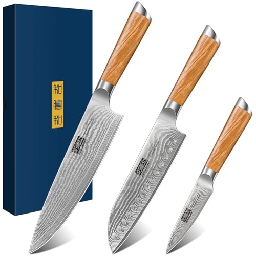 HOSHANHO Damascus Kitchen Knife Set 3PCS, Sharp Chef/Santoku/Fruit Knives - style: 3 Pieces Knife Set