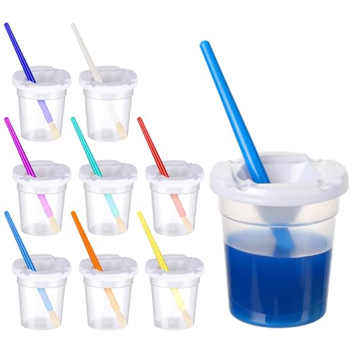 YGAOHF 8 Packs No Spill Paint Cups with Lids, Large Paint Water Cup with 8 Pcs Paint Brushes, Arts and Crafts Supplies