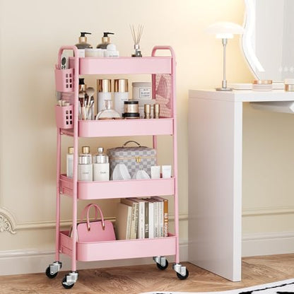 TOOLF 4 Tier Rolling Cart, Metal Utility Storage Cart with Pegboard, Pink - color: Pink, size: 4-Tier