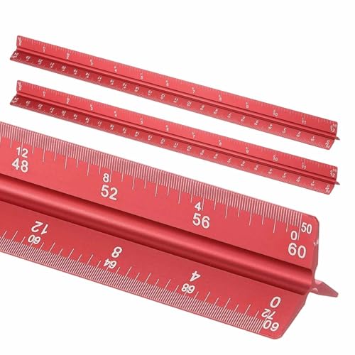 HARFINGTON 2 Pcs Architectural Scale Ruler, 12 Inch Standard Aluminum Alloy Architect Triangular Large Scale Laser-Etched Blueprint Drafting Ruler for Architects Engineers, Red - color: Red, size: 12 Inch