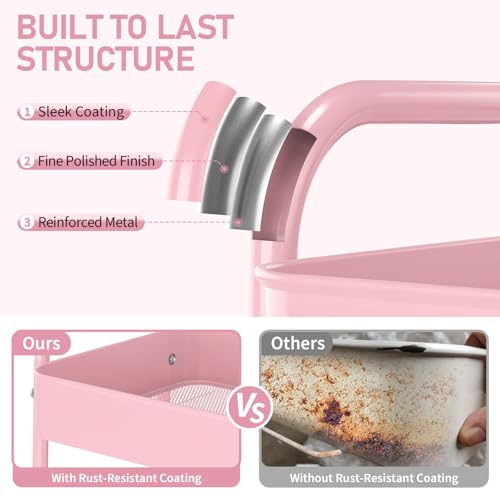 TOOLF 3 Tier Rolling Cart, Metal Utility Storage Cart with Wheels, Pink - color: Pink