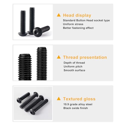 50PCS M6 x 50mm 60mm 70mm 80mm, Button Head Socket Cap Screws Bolts Nuts Kit, 10.9 Grade Alloy Steel, Black Oxide Finish, Metric Allen Hex Drive, Fully Threaded - size: Button M6x50/60/70/80mm