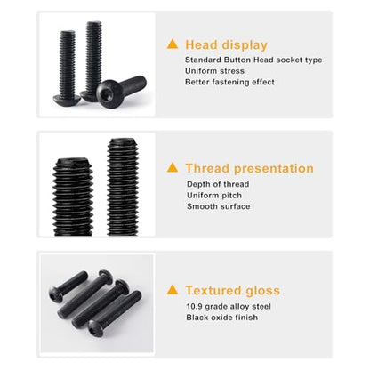 50PCS M6 x 50mm 60mm 70mm 80mm, Button Head Socket Cap Screws Bolts Nuts Kit, 10.9 Grade Alloy Steel, Black Oxide Finish, Metric Allen Hex Drive, Fully Threaded - size: Button M6x50/60/70/80mm