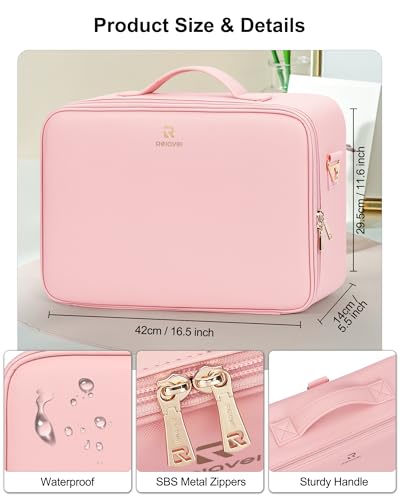 Relavel Large Makeup Case with LED Mirror, 16.2" Train Case with Dividers - color: 01-Pink, size: 3-Large