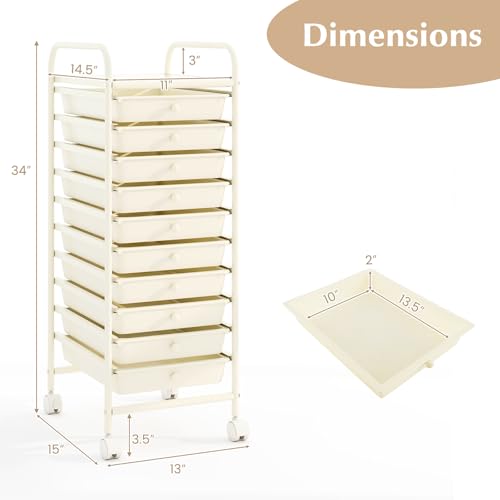 RELAX4LIFE 10 Drawer Rolling Cart - Slim Storage Cart w/Lockable Wheels - color: White, size: 34''H