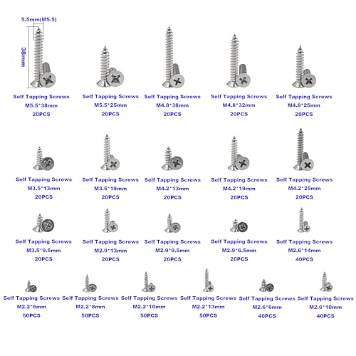 M2.2-M5.5 304 SS Phillips Flat Head Pointed Self Tapping Screws Kit - size: M2.2 M2.6 M2.9 M3.5 M4.2 M4.8 M5.5