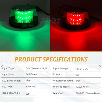 PSEQT Boat Navigation Lights 4'' Red Green LED Marine Bow Stern Port Starboard Signal Sailing Waterproof Lights 12V for Pontoon Kayak Yacht Sailboat Fishing Bass Boats (1 Red & 1Green, Silver Cover)