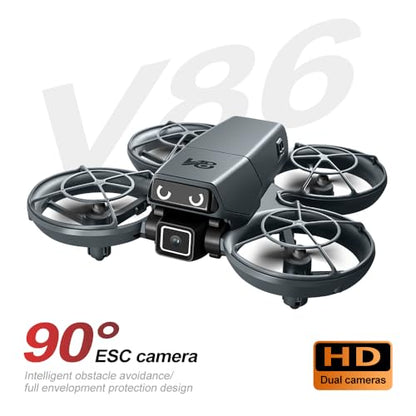 Cute Mini Beginner Camera Drone, 720P HD FPV RC Quadcopter. Equipped with standard battery for extended flight time and more fun. Features glowing eye LED lights & flashing tail lights, intelligent obstacle avoidance, optical flow positioning, 90° adjusta