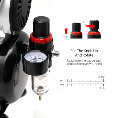 Single-Piston Oil-Free Airbrush Compressor with Cooling Fan, 3L Tank, Regulator & Moisture Trap – for Hobby Painting, Temporary Tattoos, Model Art, Automotive Graphics, Makeup