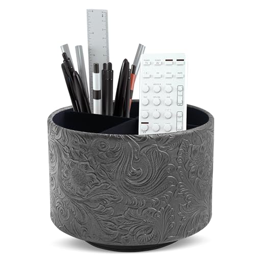 lizimandu Round Leather Art Supply Organizer,Remote Control Holder,360 Degree Spinning,Multi-Functional Pencil Holder,4 Compartments Desktop Stationary Organizer(1-Carved Black) - color: 1-Carved Black