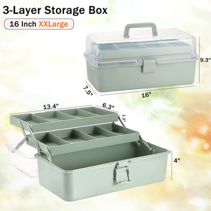 Tackle Box, 16-Inch Extra Large Art Storage Box with 3-Layer Folding Trays - color: Green