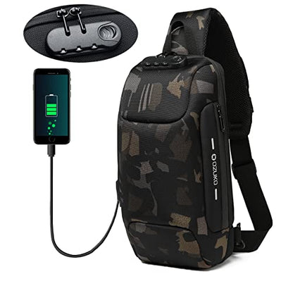 OZUKO Sling Backpack for Men - Anti-Theft Crossbody Bag, Waterproof with USB Charging Port - color: Camouflage