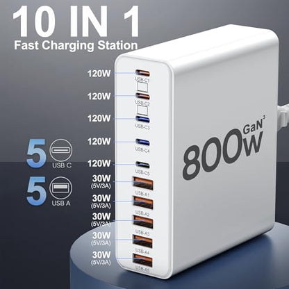800W USB C Charger Block,10-Port GaN Charging Station - color: White