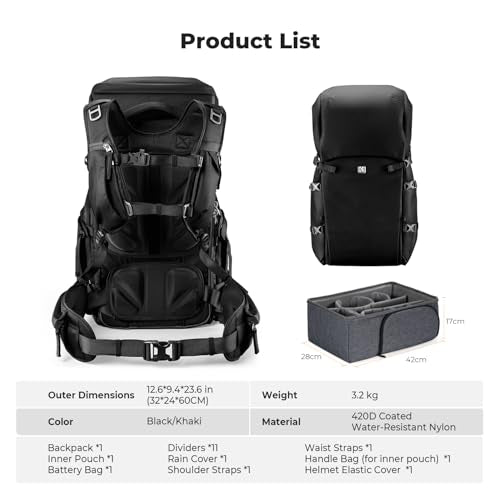 K&F CONCEPT Camera Backpack, 40L Large Capacity Camera Bag - color: Black, size: X-Large