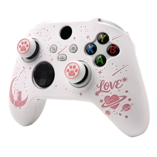 Moonlit Cats with a Loving Heart Controller Skin Compatible with Xbox Series X Wireless Controller, RALAN Protector Case， Customised Thumb Grips Cap - color: MCats White Pink