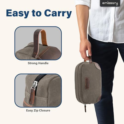 emissary Men's Canvas Travel Toiletry Bag, Leather Dopp Kit - Light Gray - color: Light Gray
