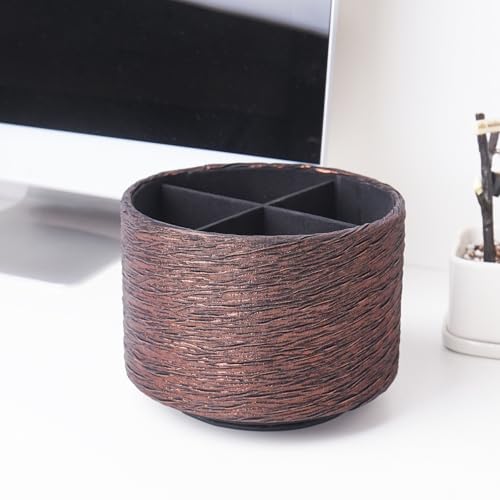 Round Leather Art Supply Organizer,Remote Control Holder,360-degree Rotating Pen Organizer with 4 Compartments(1-Light Tree Brown) - color: 1-Light Tree Brown