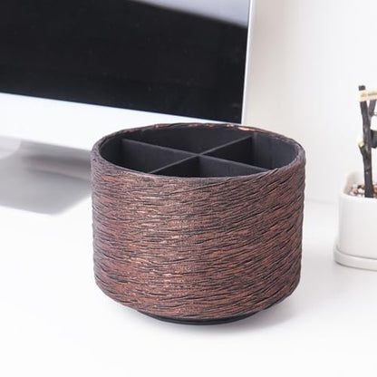 Round Leather Art Supply Organizer,Remote Control Holder,360-degree Rotating Pen Organizer with 4 Compartments(1-Light Tree Brown) - color: 1-Light Tree Brown