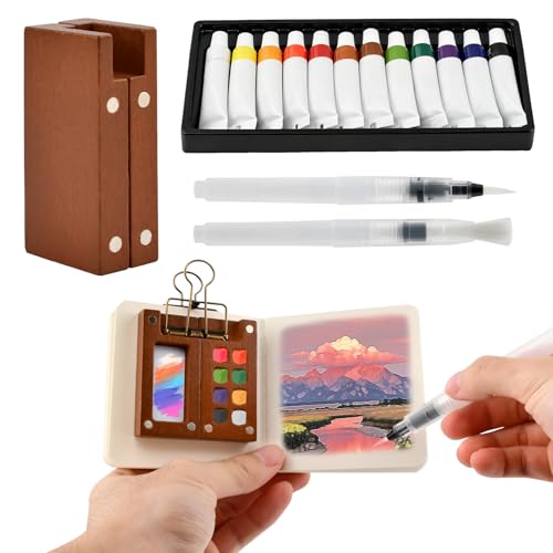 Mini Watercolor Travel Set (9-Piece), 8-Grid Walnut Palette with 12 Watercolor Paints, Mini Sketchbook, 6 Brush Pens and Metal Clip, Pocket Painting Kit for Outdoor Sketching and Travel