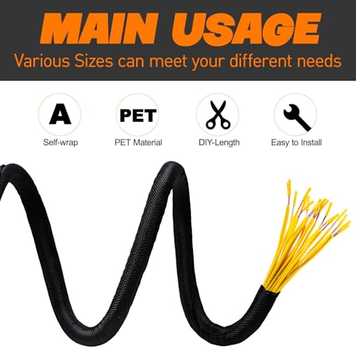 Split Braided Sleeve Cable Management Wire Loom Cord Covers for High-Temperature Automotive Harness and Home Cable Management, 12ft - 3/4 inch Self-Wrapping Tubing Cord Protector - size: 3/4"-12 Feet