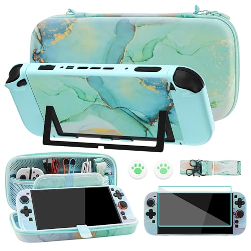 FUNDIARY Green Marble Travel Carrying Case for Nintendo Switch 2, Accessories Bundle with Slim Portable Storage Bag, Switch 2 Protective Dockable Cover, Shoulder Strap, Screen Protector & 2 Thumb Caps - color: Green