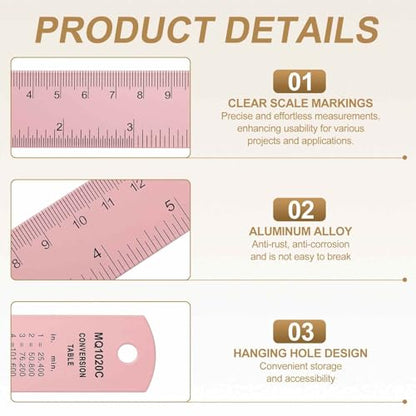 HARFINGTON 2pcs Metal Straight Ruler 30cm Metric & SAE Aluminum Alloy Measuring Rulers Scale Tool with Hole for Measure Study Reading Classroom Office, Pink - color: Pink, size: 30cm