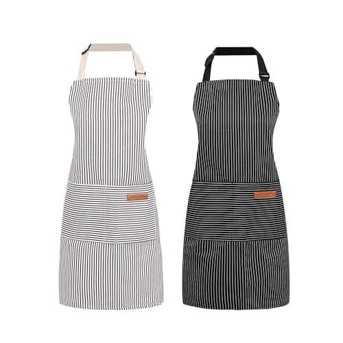 2 Pack Cooking Aprons Adjustable Bib Apron for Women with 2 Pockets, Kitchen Restaurant Men Chefs Aprons - color: Beige/Black Stripes